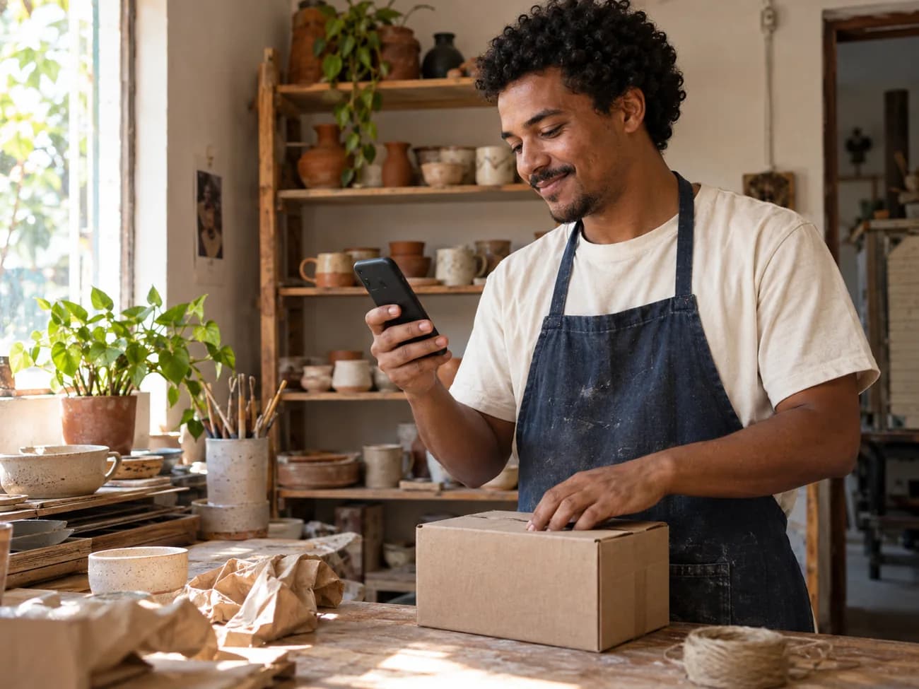 Empreendedor embalando uma encomenda em seu ateliê enquanto atende pelo celular